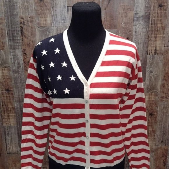 TALBOTS RED WHITE & BLUE USA FLAG ELECTION DAY WOMENS CARDIGAN SWEATER SZ S - Picture 2 of 5